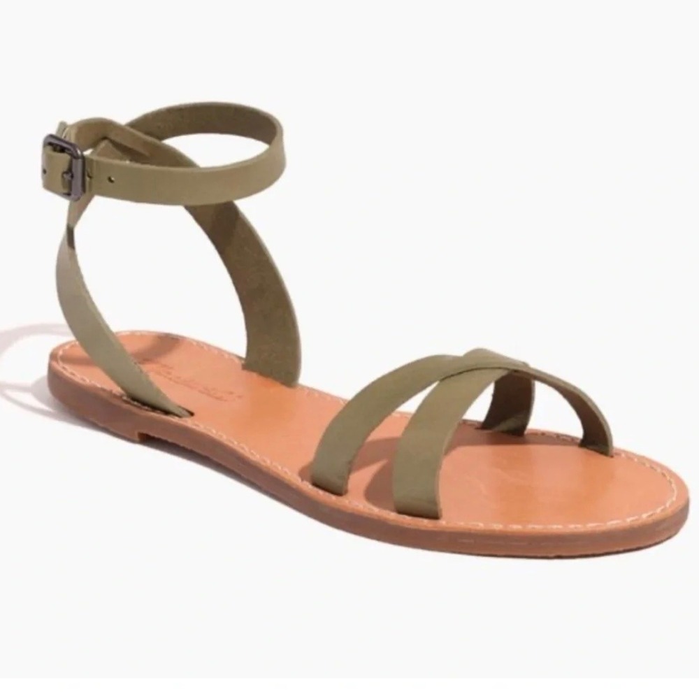 Madewell Boardwalk Ankle Strap Leather Sandals Olive Green Women 7.5 Flat EUC
